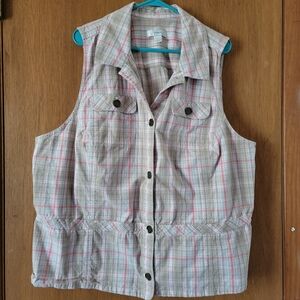 CJ Banks Coral and Tan Plaid Button Up Vest Womens Plus Size 3X